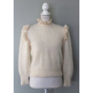 Vintage 80% Angora Fuzzy Cream Lace Trim Sweater, Size M Medium